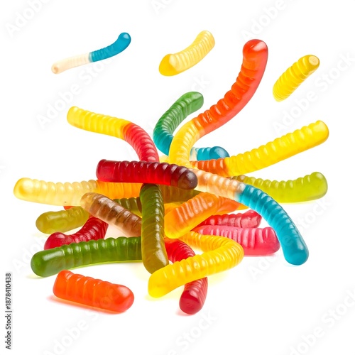 Heap of colorful gummy worms with vibrant hues and ridged bodies against a clean white background
