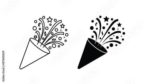 Black and white illustration of two party poppers with stars and confetti