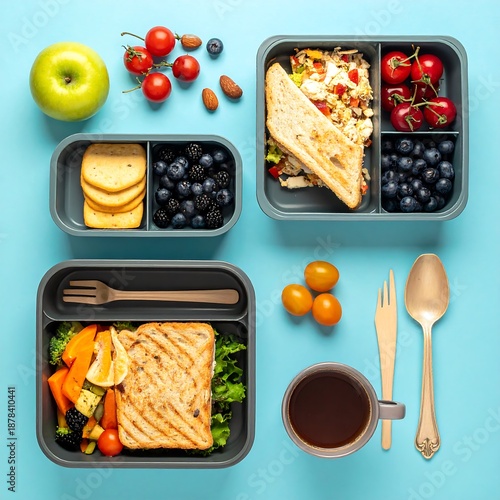 Healthy meal prep containers with fruit, vegetables, bread, and grilled chicken on a bright blue background, aerial view