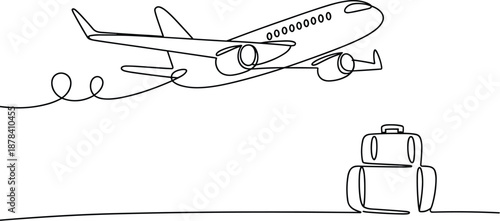 One-Line Drawing of an Airplane Taking Off with Luggage, Concept of Modern Air Travel, Global Mobility, Minimalist Transportation, and Seamless Journey Vector Illustration