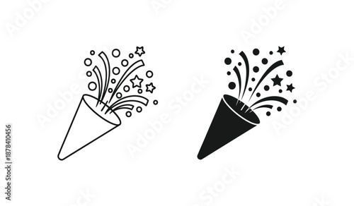 Black and white party popper icons with fireworks and stars