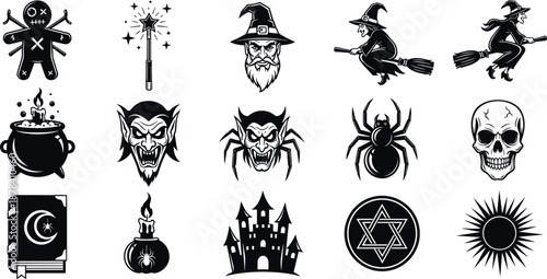 Halloween magic witch icons set with skull spider demon castle potion symbols, dark fantasy occult vector illustration collection