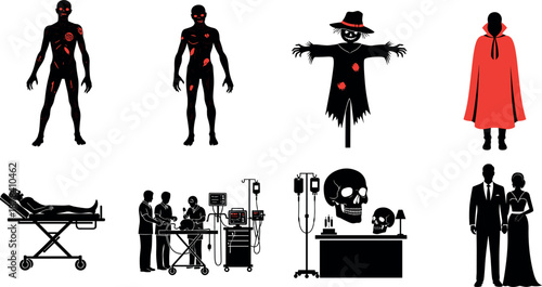Halloween horror silhouettes set showing zombies scarecrow vampire medical death skull spooky characters dark vector illustration collection