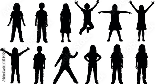 Happy children silhouettes set showing standing jumping poses, playful kids activities, childhood energy, education lifestyle concept, isolated black vector illustration