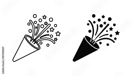 Black and white illustration of two party horns with stars and confetti
