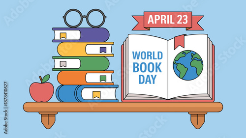 Stack of Colorful Books with Glasses and Apple on a Shelf Academic Excellence, Lifelong Learning, and Educational Achievement Vector Illustration