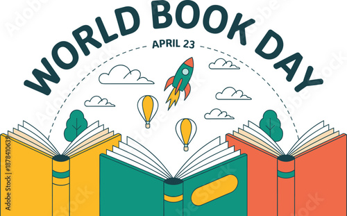 Open Books with Rocket and Hot Air Balloons for April 23 World Book Day, Concept of Literary Adventure, Creative Imagination, Lifelong Learning, and Educational Discovery Vector Illustration