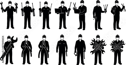 Industrial Worker Silhouette Collection Showing Technician Mechanic Engineer Tools Maintenance Construction Safety Vector Illustration Set