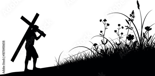 Jesus carrying cross silhouette on hill with grass flowers spiritual sacrifice faith christian religion vector illustration concept scene