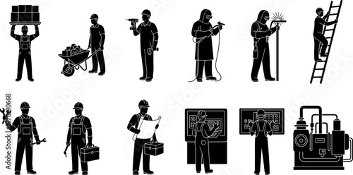 Industrial workers and technicians silhouette set using tools, construction maintenance jobs, factory operations, professional labor activities, isolated black vector illustration