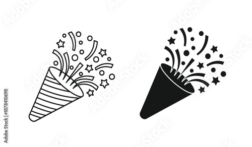 Two party horns with confetti and stars in black and white illustration
