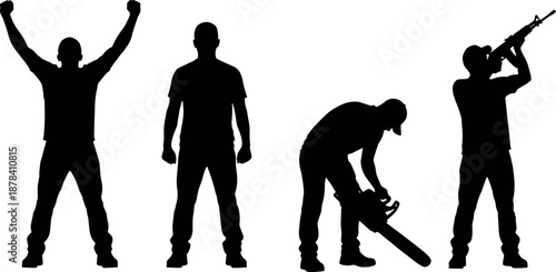 Male silhouettes set showing victory standing working chainsaw drinking water strong active lifestyle industrial vector illustration collection