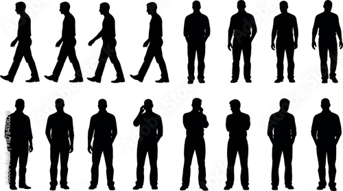 Male walking and standing silhouettes collection showing casual men in different poses, full body human figures set isolated on white background illustration