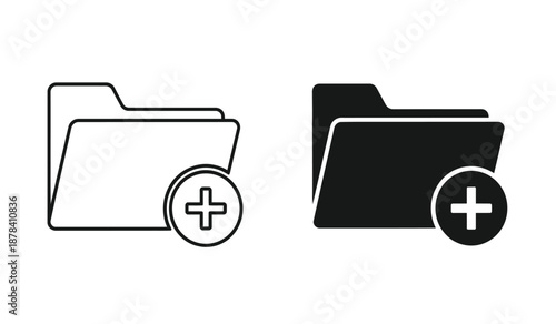 Black and white line icons of two document folders with plus signs for adding files or documents in a simple style