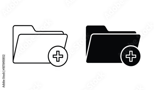 Black and white folder icons with plus signs on a for adding new files or documents