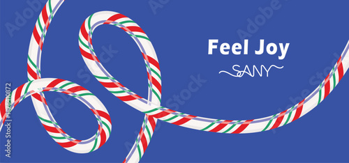 Abstract candy cane ribbons against a vibrant blue background evoking a feeling of joy