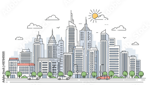 Colorful illustration of a modern city skyline with skyscrapers, office buildings, cars, trees, and a bright yellow sun.