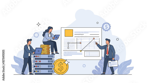 Professional team collaborating on financial reports and data analysis with charts and money in a modern office space.
