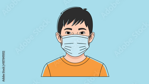 Illustration of a man with black hair wearing a blue surgical face mask for health and safety protection on a blue background.