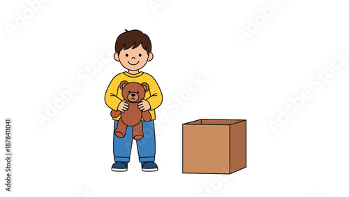 Happy young boy standing next to an empty cardboard box while holding a brown teddy bear in a simple indoor setting for children.