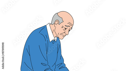 Senior man with a bald head wearing a blue sweater looks down with a sad and depressed expression reflecting loneliness or grief.