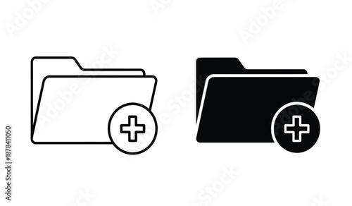 Black and white folder icons with plus signs for adding new files or documents in computer or software interface