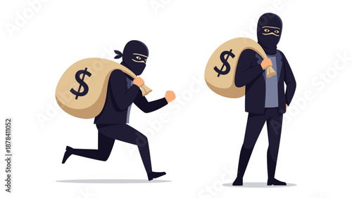 Two burglars wearing black masks and suits carry large sacks filled with money and dollar signs while running away from a crime scene.
