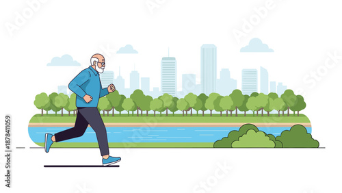 Active senior man with grey hair and beard jogging along a park path with a river and city skyline in the background during the day.