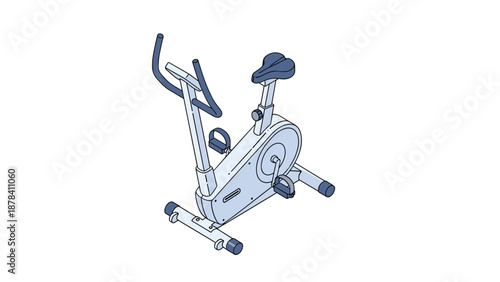 Isometric illustration of a modern stationary exercise bike used for indoor cycling and fitness training in a home gym or health club.