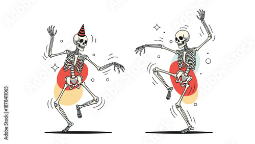 Two funny skeletons dancing at a party with festive hats and colorful abstract shapes representing a spooky yet joyful celebration.