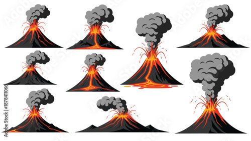 Collection of different volcano eruption stages showing smoke clouds and flowing orange lava in various artistic styles and positions.