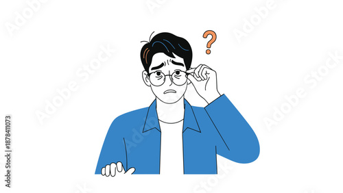 Confused young man wearing glasses and a blue jacket touches his frame with a question mark floating above his head to show doubt.