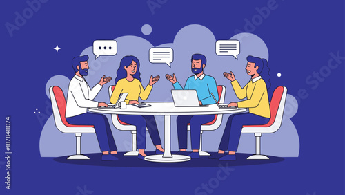 Business team consisting of four people sitting around a circular table having a discussion with laptops and speech bubbles above them.