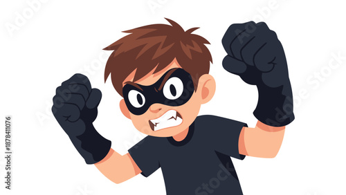 Angry young boy wearing a black mask and gloves poses with clenched fists as if he is a superhero or a mischievous little villain.