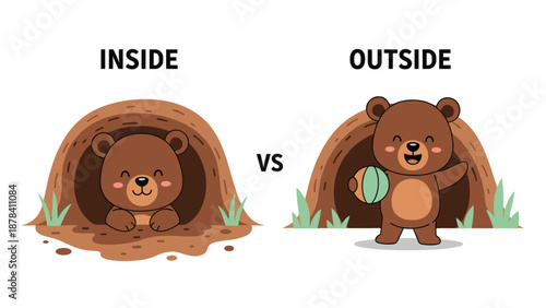 Comparison illustration of a cute brown bear character located INSIDE his cave versus being OUTSIDE the cave with a colorful ball.