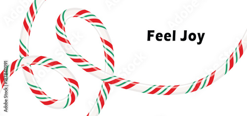 Festive red and green striped candy cane style ribbon intertwining with 'feel joy' message