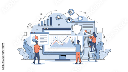 Group of professionals collaborating on data analysis and digital security using a giant computer monitor with various charts and icons.