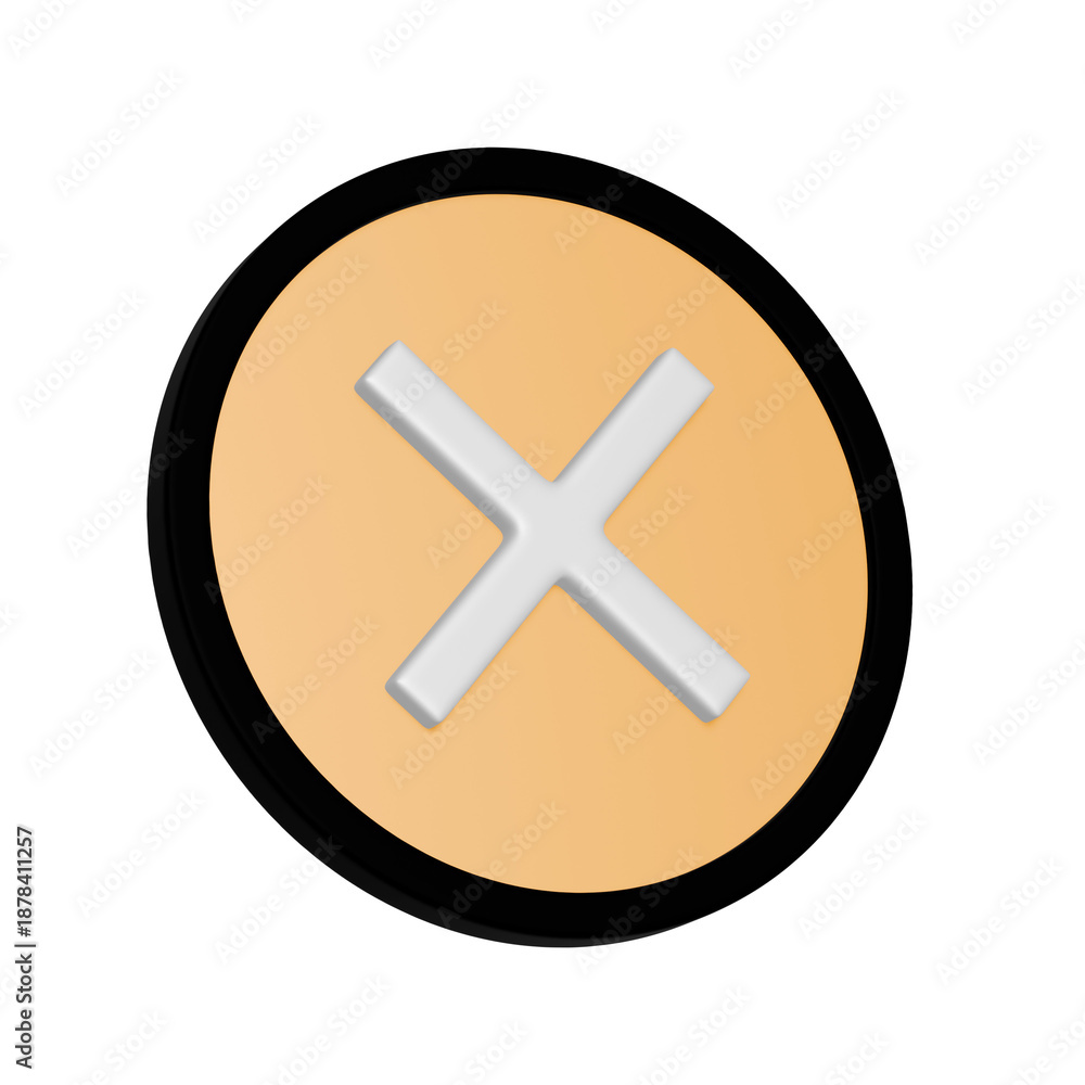 Fototapeta premium 斜めに傾いた黄色と黒の丸形の消去マークのアイコン。リッチな質感の3Dイラスト