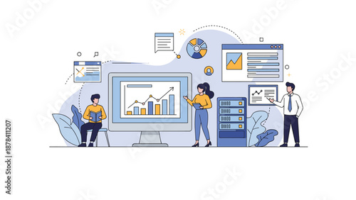 Business team analyzes financial data and growth charts on a large computer monitor in a modern office environment.