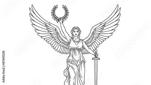 Classical line art drawing of a winged goddess holding a laurel wreath and a sword symbolizing victory and divine power.