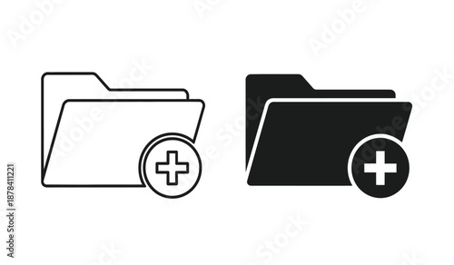 Black and white folder icons with plus signs on a for adding new files or folders