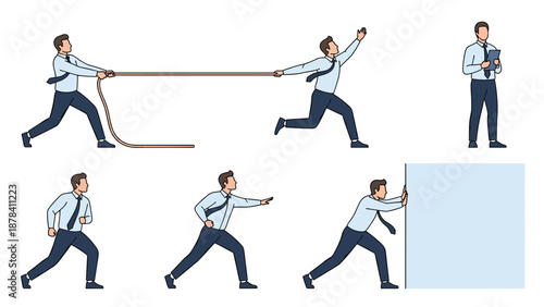 Set of businessman characters in various action poses including pulling a rope, pushing a wall, running, and standing.