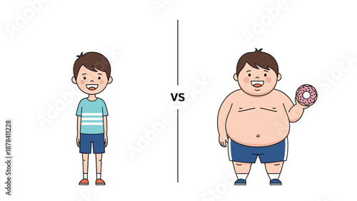 Side by side comparison of two young boys showing the physical difference between a thin build and childhood obesity with a donut.
