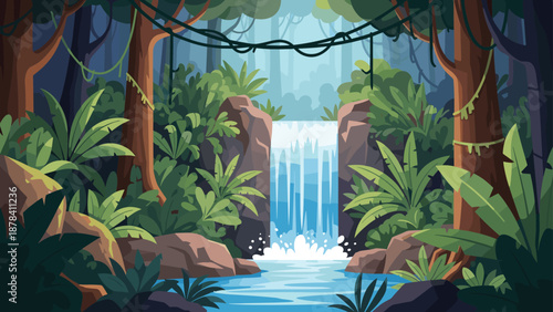 Beautiful tropical jungle landscape features a tall waterfall cascading into a clear blue pond surrounded by lush green foliage.