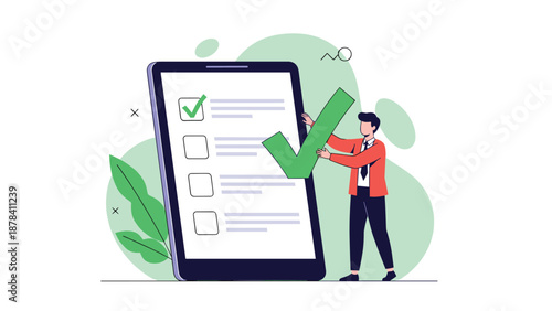 Business man in a red jacket places a large green check mark on a digital checklist displayed on a giant tablet screen.