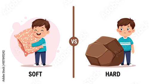 Contrast between a happy boy hugging a soft pillow and a sad boy standing next to a hard rock to illustrate physical textures.