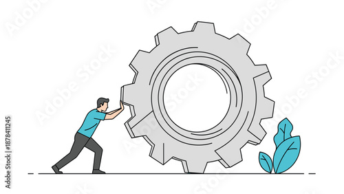Determined man in casual clothing uses his strength to push a massive gray industrial gear representing hard work and progress.