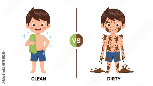 Comparison of a clean boy with a towel and a dirty boy covered in mud to teach children about hygiene and staying clean.
