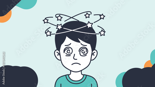 Dizzy cartoon boy with swirls in his eyes feels lightheaded as white stars circle around his head on a green background.
