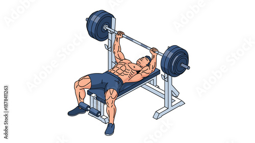 Muscular bodybuilder performs a bench press exercise with a heavy barbell in a gym to build chest strength and muscle mass.